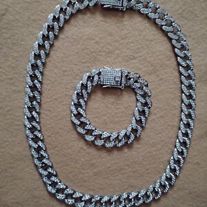 Silver Pave Cuban Link Necklace & Bracelet Set